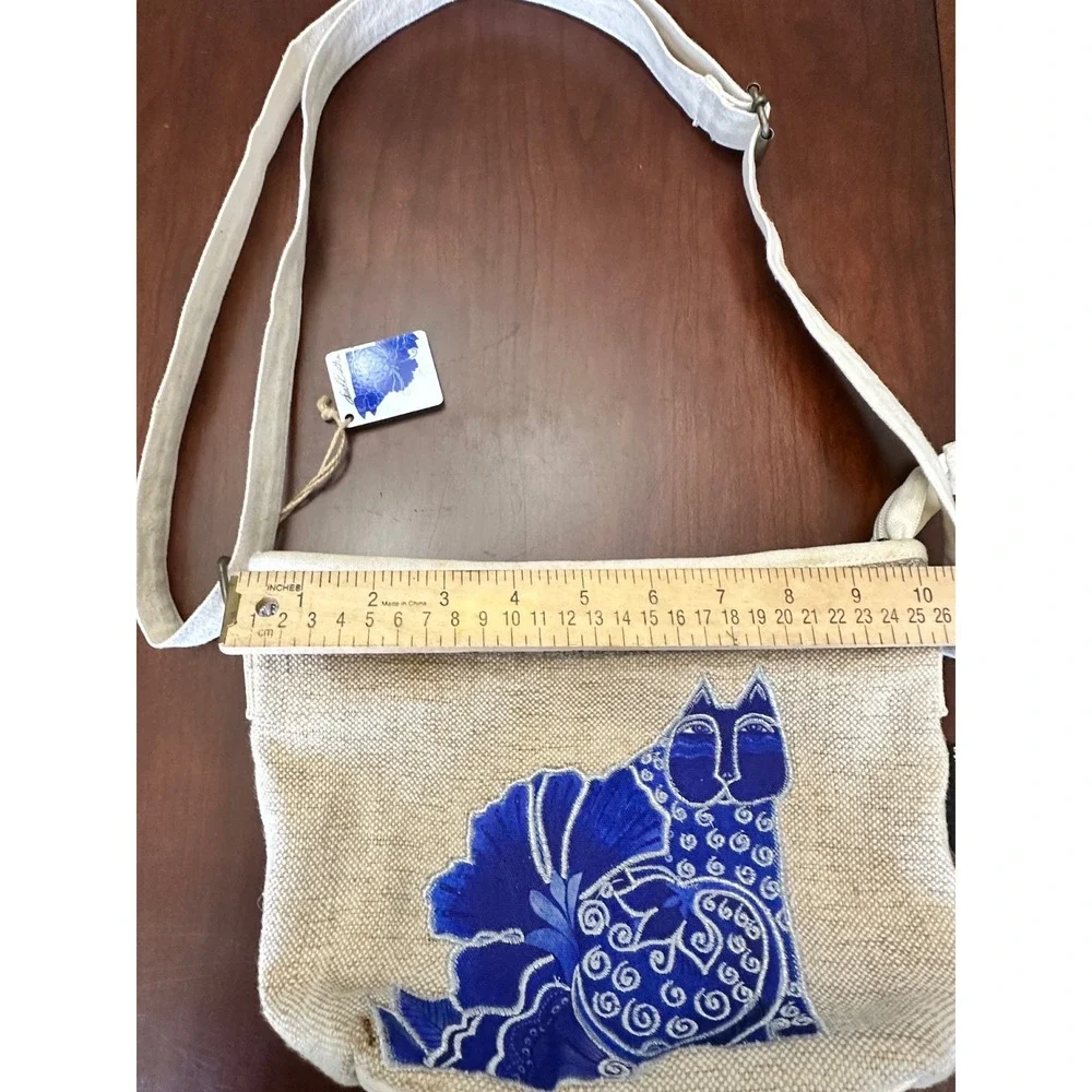 Laurel Burch Blue Cat Floral Canvas Crossbody Bag Silver Trim Adjustable Strap